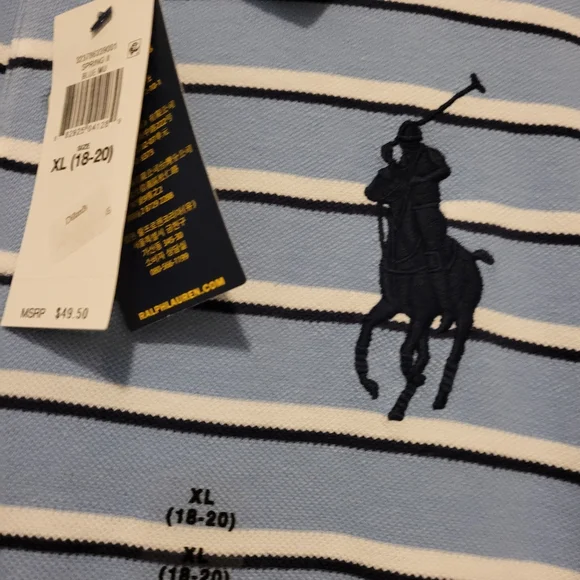 NWT- Polo Ralph Lauren Blue and White Striped Polo Shirt Boys Size 18-20 - Picture 5 of 9